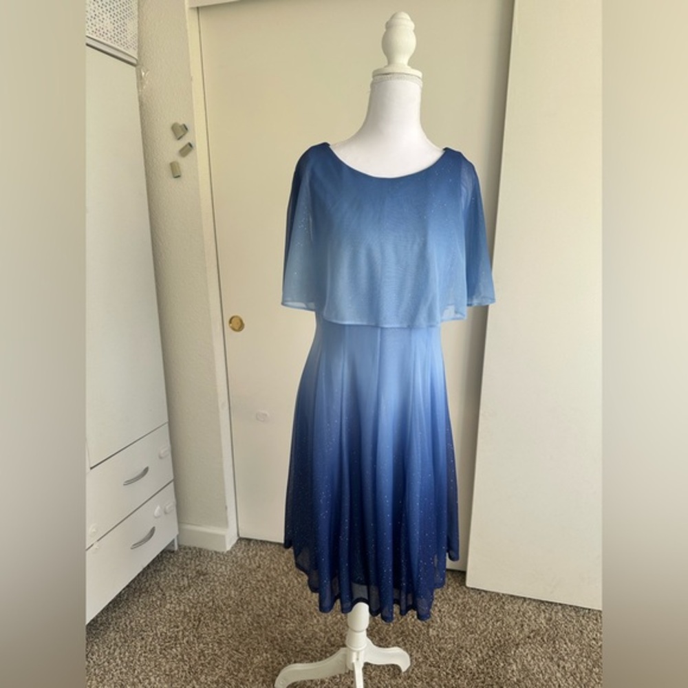 Danny & Nicole Ombre Navy Blue Midi Dress with Capelet